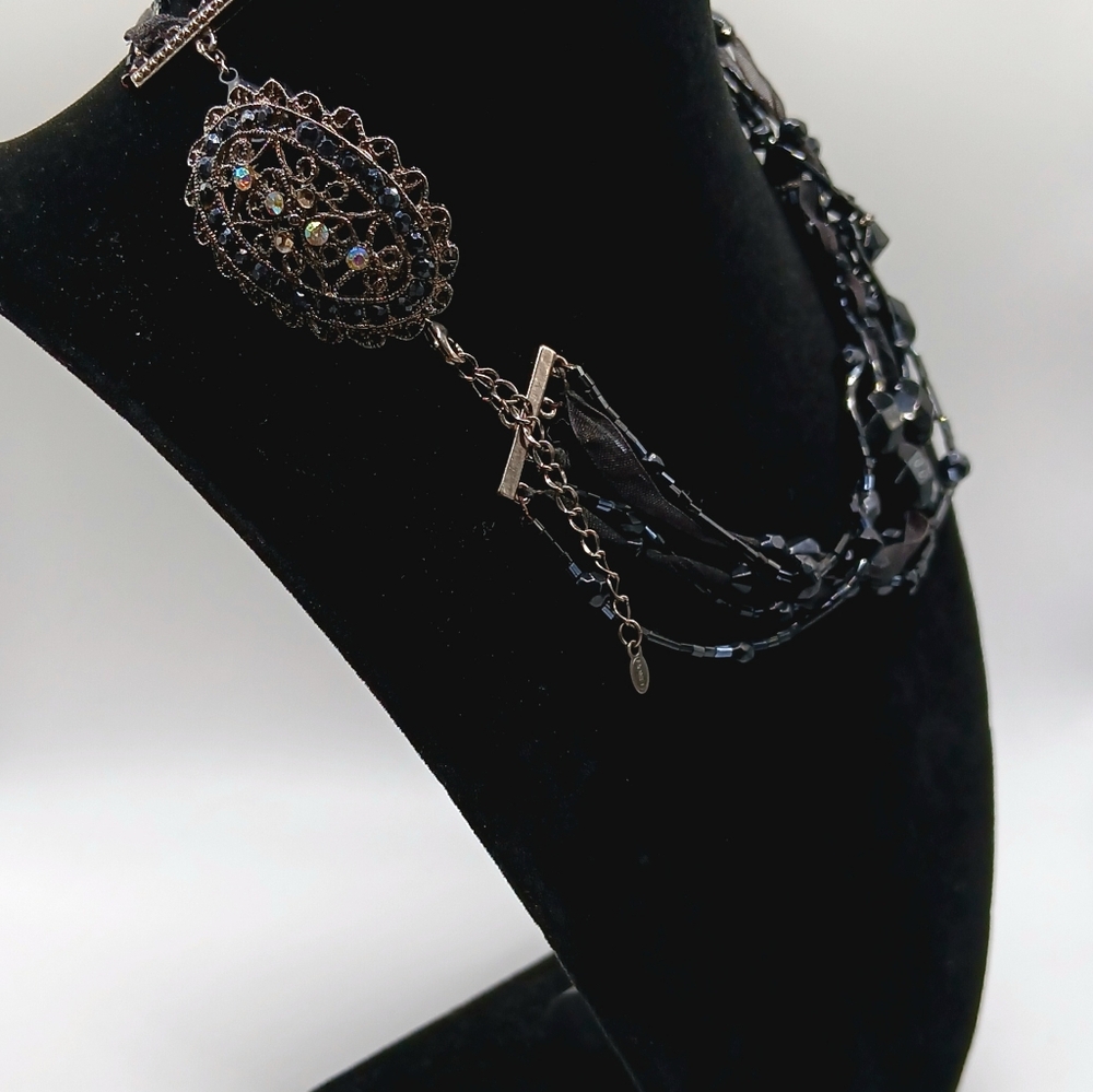 Chic Black Multi-Strand Necklace With an Antique Brooch As A Clasp. Stunning!